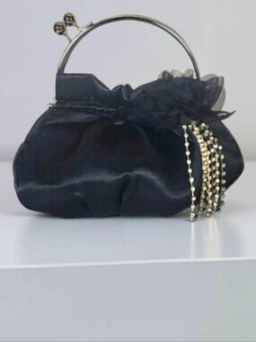 𝅺Black Satin Pouf Evening Bag | Kiss Lock Clutch | Floral Rhinestone Accent
